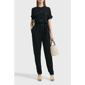 Theory Black Silk Jumpsuit Short Sleeve Tie Waist Button Front Womens Size 4